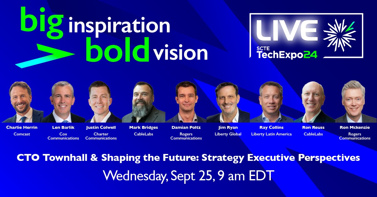 scte's tweet photo. The excitement is about to kick off on the main stage at #TechExpo24 day two! 🚀 Join us LIVE for the CTO Townhall & Shaping the Future: Strategy Executive Perspectives. Don’t miss out on the action! 👀 Watch it live: https://t.co/A7xxqoKSTb https://t.co/yxI5NE7lgD