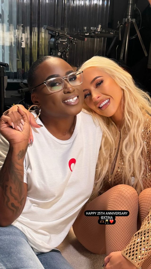 Christina Aguilera with her backup singers, Nelson Beato and Teni Tinks, during the taping of Spotify's Anniversaries Live. #ChristinaAguilera25