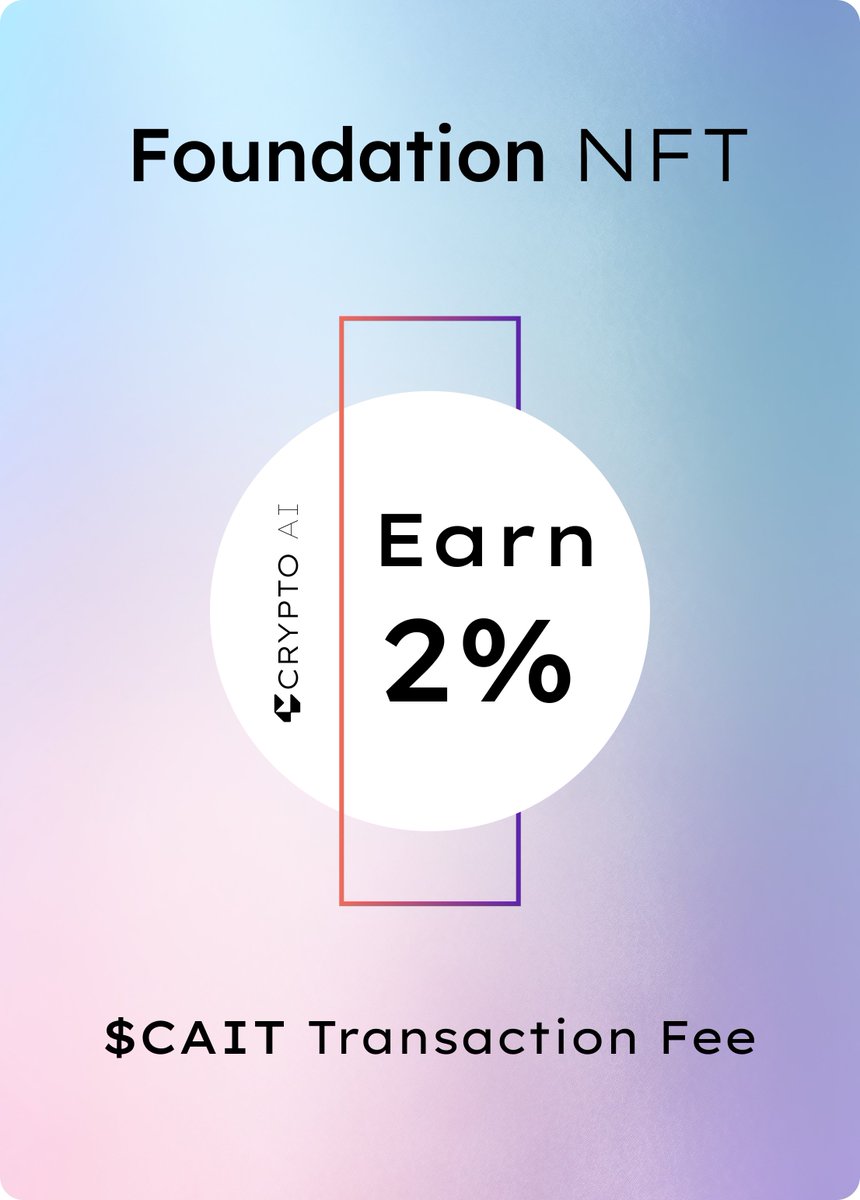 🎴Foundation NFT

🔹 Earn a smooth 2% on all $CAIT transactions
🔹 Exclusive to OG $XPGT Holders

Your journey as a foundational supporter deserves recognition and perks. Minting coming soon. Stay tuned! 

— Crypto AI Foundation | $CAIT