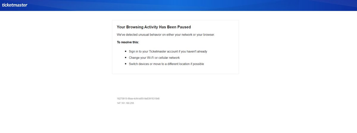 madhurvyas's tweet photo. @Ticketmaster @coldplay @ZayedSportsCity What is this now? @Ticketmaster. After waiting for 4 hours in queue, you are suspected suspicious browsing activity on my laptop???
The overall experience has been pathetic. @coldplay @ZayedSportsCity @LiveNationME https://t.co/rWGAWob7Ma