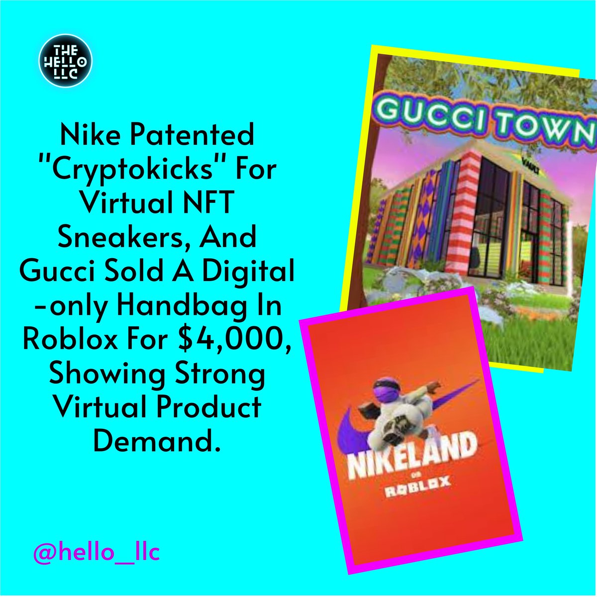llc_hello's tweet photo. 👟 Nike and Gucci are already making waves in the Metaverse with virtual products like NFT sneakers and digital handbags selling for $4,000! 🚀

Is your business ready to pivot into the future?
#DigitalInnovation #NFTs #VirtualCommerce #TheHelloLLC https://t.co/ZZGUpeyPTo