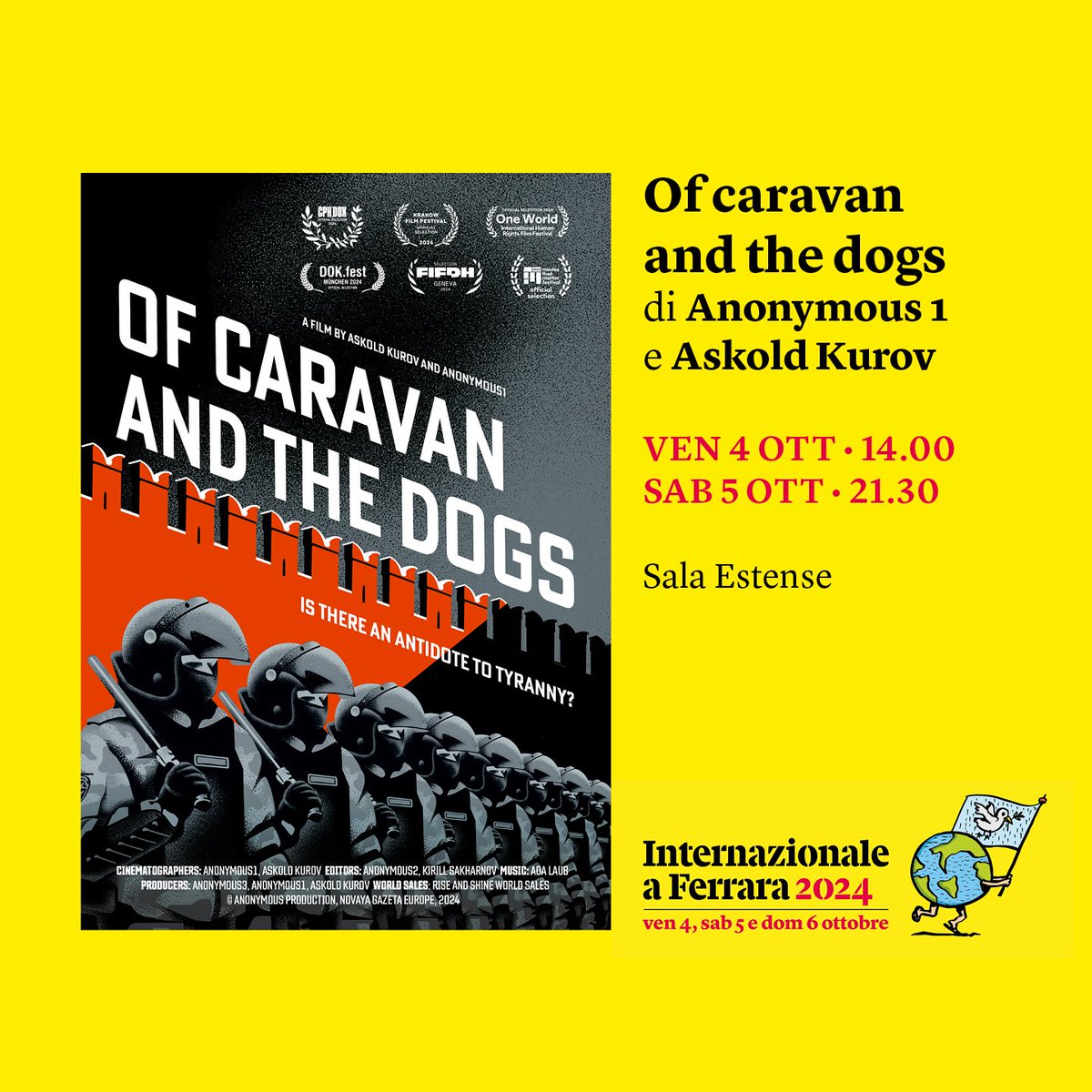 Tra i documentari in anteprima italiana a Ferrara ci sarà Of caravan and the dogs, un ritratto degli attivisti e giornalisti che si battono per la libertà d'espressione in Russia. Acquista i biglietti in prevendita: intern.az/1KiP