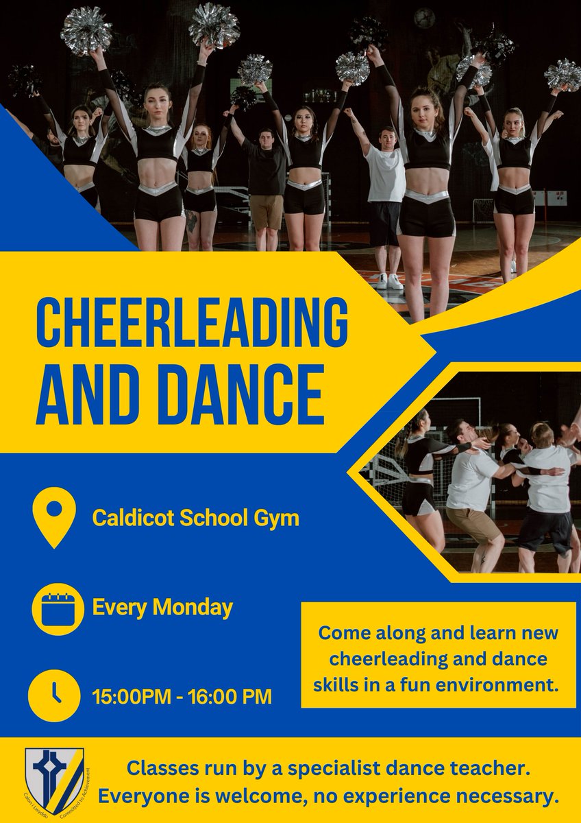 New cheerleading and dance class starting at Caldicot School on Monday's 3-4pm. First class will start on Monday 30th September and is available to all pupils. See poster for all the details #dance #Cheerleading