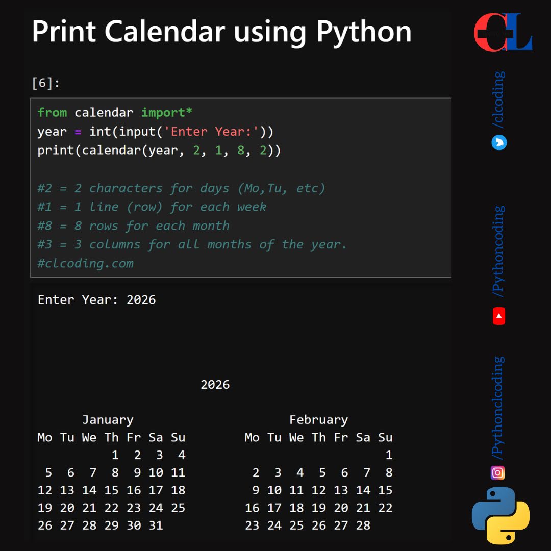 clcoding's tweet image. Print calendar using Python