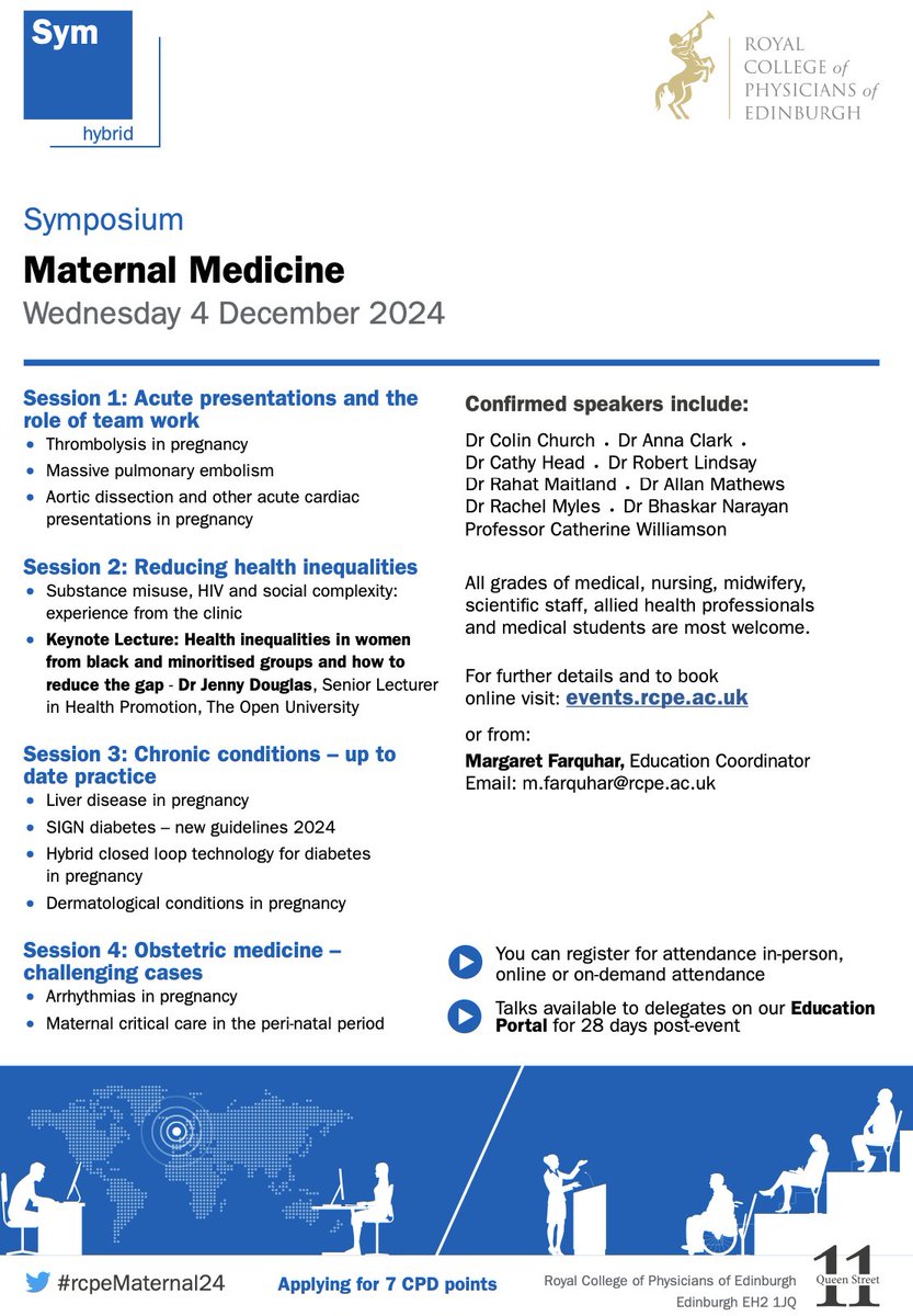 <a href="/RCPEdin/">Royal College of Physicians of Edinburgh</a> Maternal medicine symposium
Wed 4th December 2024

Acute presentations &amp; team work
Reducing health inequalities
Chronic conditions
Challenging cases

Register here events.rcpe.ac.uk/rcpe-hybrid-sy…

#CardiacObstetrics 

And thanks to <a href="/RCPEdin/">Royal College of Physicians of Edinburgh</a> for making all events accessible to