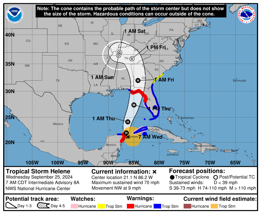 NWSAtlanta's tweet photo. Here is the latest track for #Helene as of 7 am! Impacts are still expected for north and central Georgia Thursday into Friday. Check below for a thread of safety info 🧵 #gawx https://t.co/MyLVagjG3g