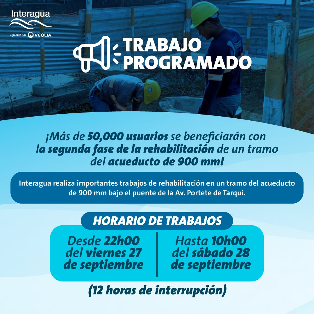 interagua's tweet photo. 📢 ANUNCIO IMPORTANTE

Seguimos trabajando para brindar un servicio de calidad. Realizaremos trabajos bajo el puente de la Av. Portete de Tarqui.

🚨 Desde las 22h00 del viernes 27 hasta las 10h00 del sábado 28 de septiembre.

➡️ Conoce los sectores afectados. https://t.co/Q4HuhSOscH