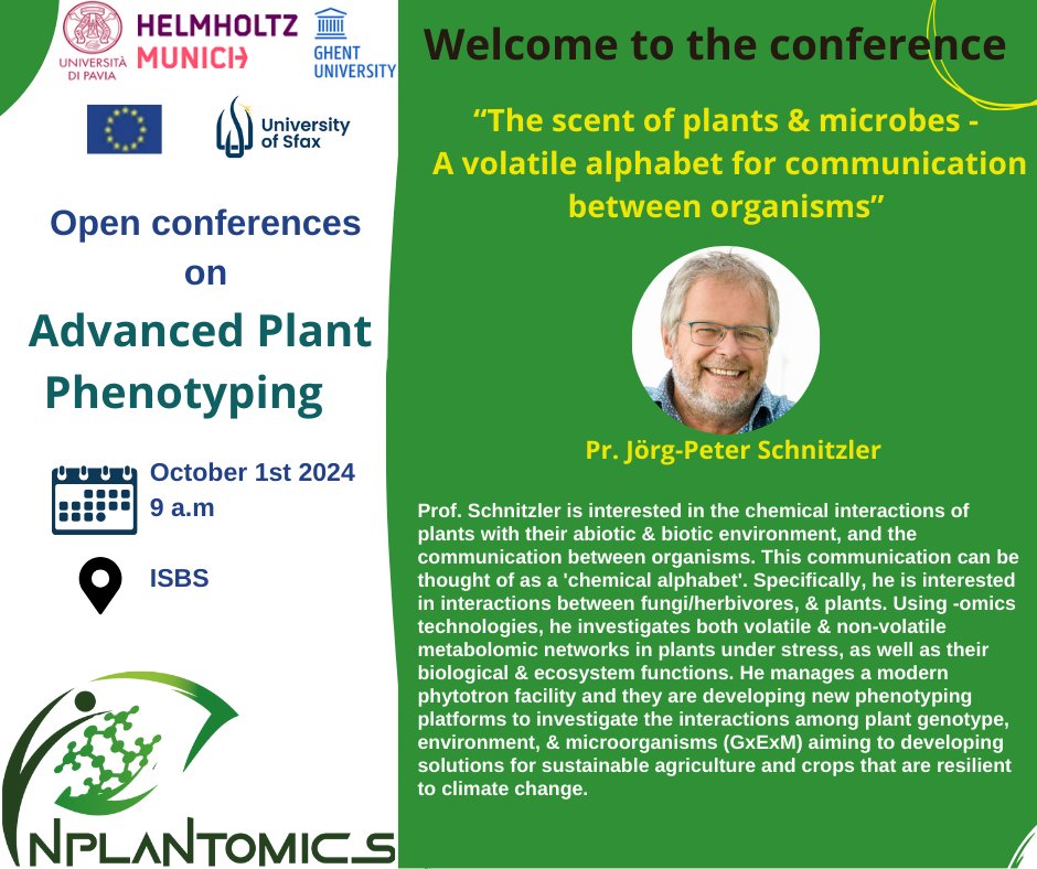 inplantomics's tweet photo. We are honored to welcome Prof. Jörg-Peter Schnitzler from HMGU to share his  work on “The Scent of Plants &amp; Microbes – A Volatile Alphabet for Communication Between Organisms”at the One Day Conference, taking place on 1st October 2024at the ISBS https://t.co/mwi2oe9Ant