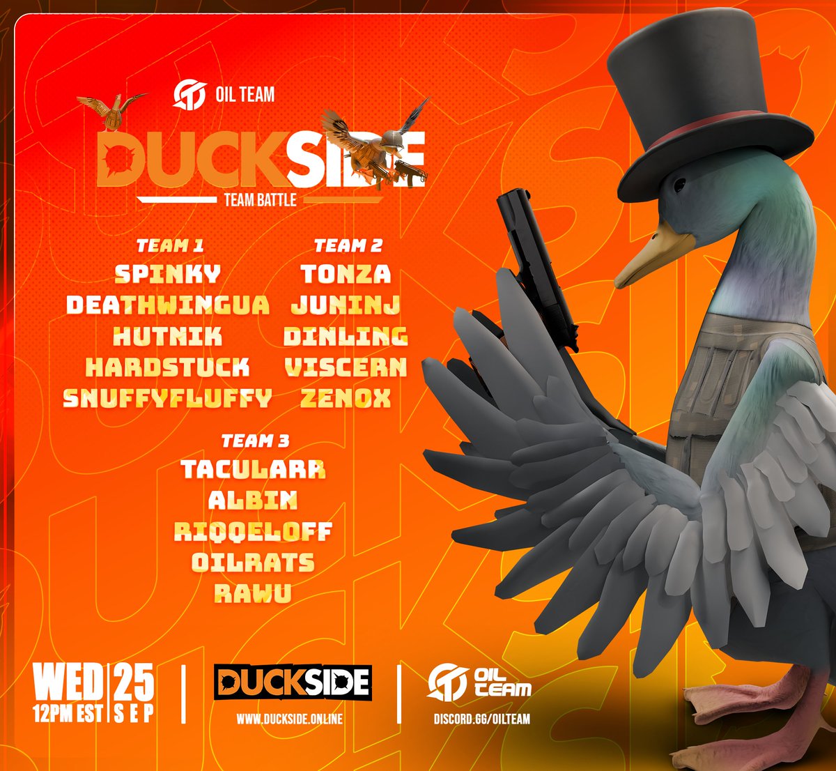 OT (@oilteam_) on Twitter photo Today we take on <a href="/PlayDUCKSIDE/">DUCKSIDE - Early Access Out Now!</a>! 3 OT teams will be battling it out, what team will waddle away victorious?
The creators will be streaming it live on Twitch at noon EST/5PM UK!
Join the flock - tblink.co/OilTeamsPlaysD… #Ad
🎉Claim your free starter pack by using "/gift Today we take on <a href="/PlayDUCKSIDE/">DUCKSIDE - Early Access Out Now!</a>! 3 OT teams will be battling it out, what team will waddle away victorious?
The creators will be streaming it live on Twitch at noon EST/5PM UK!
Join the flock - tblink.co/OilTeamsPlaysD… #Ad
🎉Claim your free starter pack by using "/gift