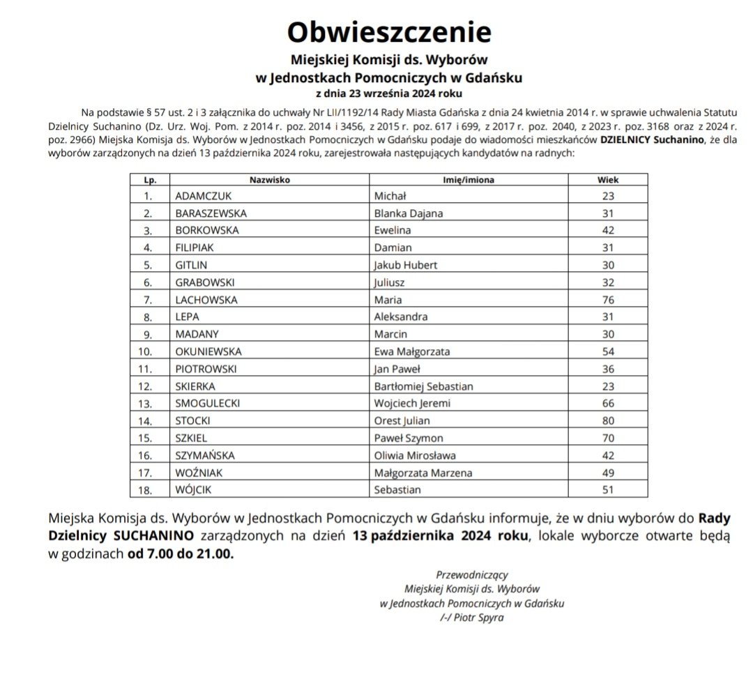 suchanino's tweet photo. Obwieszczenie Miejskiej Komisji ds. Wyborów w Jednostkach Pomocniczych w Gdańsku. 

Wybory do Rady Dzielnicy #Suchanino odbędą się 13 października 2024 roku, lokale wyborcze otwarte będą w godzinach 7-21:00. https://t.co/lHGj4ZzTs0