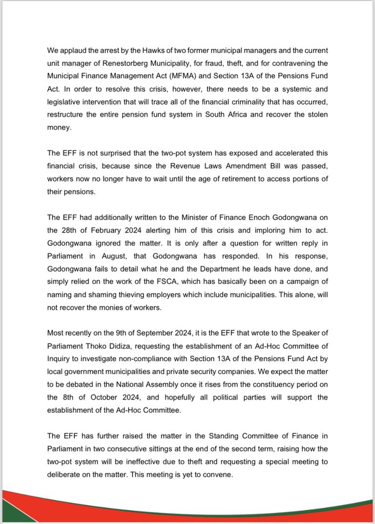 EFFSouthAfrica's tweet image. The EFF’s Statement on the Inability of Employees in Renestrorberg Municipality, Northern Cape, to Withdraw Money Using the Two-Pot System Due to Non-Payment of Pension Funds

-We applaud the arrest by the Hawks of two former municipal managers and the current unit manager of…
