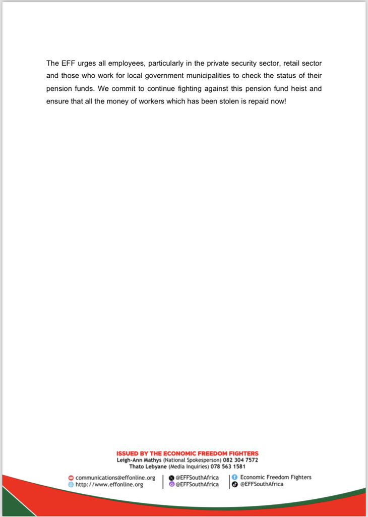 EFFSouthAfrica's tweet image. The EFF’s Statement on the Inability of Employees in Renestrorberg Municipality, Northern Cape, to Withdraw Money Using the Two-Pot System Due to Non-Payment of Pension Funds

-We applaud the arrest by the Hawks of two former municipal managers and the current unit manager of…