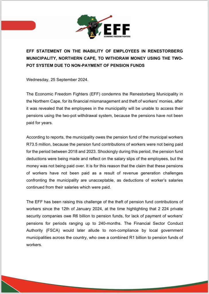 EFFSouthAfrica's tweet image. The EFF’s Statement on the Inability of Employees in Renestrorberg Municipality, Northern Cape, to Withdraw Money Using the Two-Pot System Due to Non-Payment of Pension Funds

-We applaud the arrest by the Hawks of two former municipal managers and the current unit manager of…