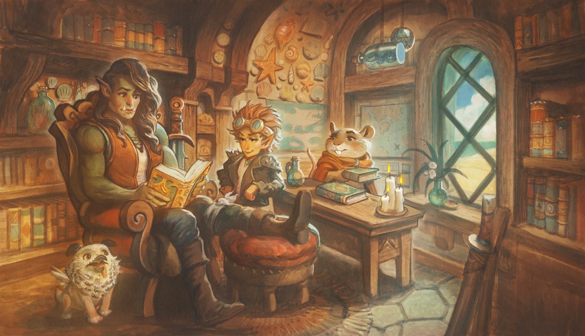ART REVEAL TIME! I am thrilled to reveal the beautiful and charming endpaper artwork of the soon upcoming Bookshops and Bonedust by <a href="/TravisBaldree/">Travis Baldree</a>, <a href="/Wraithmarked/">Wraithmarked Creative</a> edition!

The art is done by the same team behind Legends and Lattes.

Art by Justin Gerard &amp; designed by Shawn King!