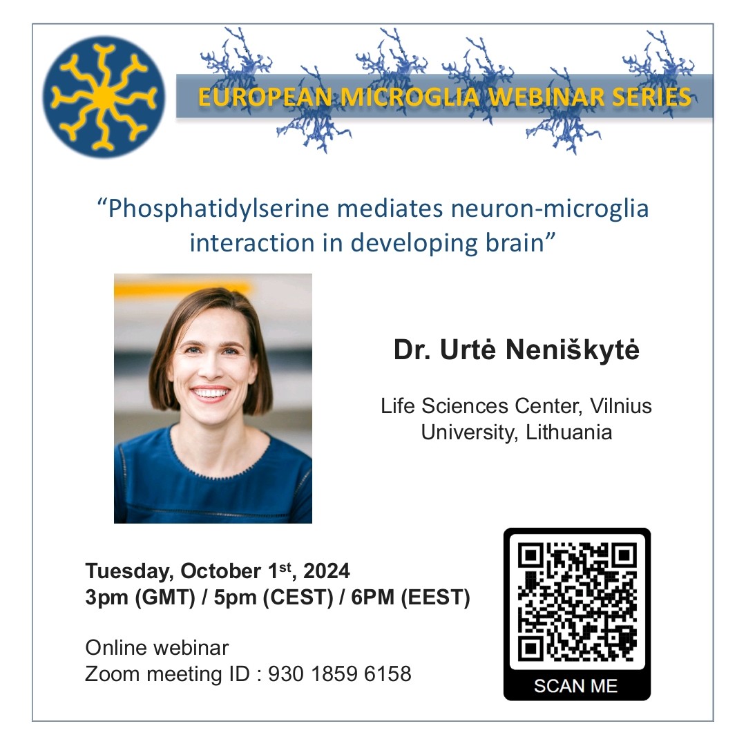 MicrogliaSeries's tweet image. 📢 New webinar coming soon 📢
Dr. Urte Neniskyte @uneniskytelab from Life Sciences Center at Vilnius University @AtvuLsc will be our next speaker on October 1st. Check all the information in the flyer and add it to your calendar!