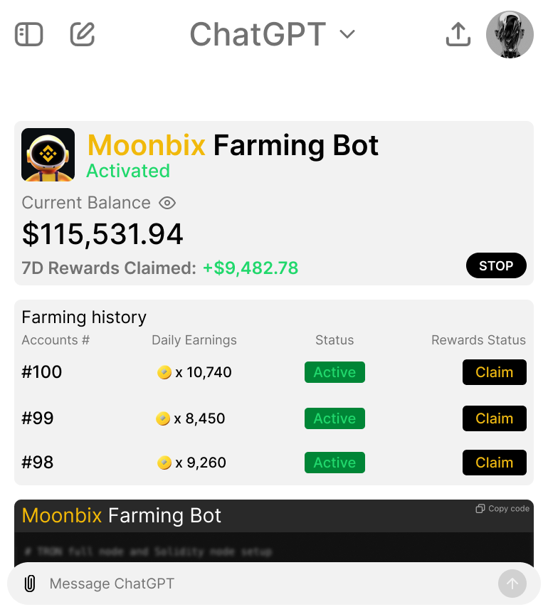 0xchromium's tweet photo. I've created a FREE Farming Bot for Moonbix in 20 min!

No coding skills needed, you just need to use ChatGPT

Insider Strategy on how to create it &amp;  increase your wealth🧵👇 https://t.co/xrySa1x1d7