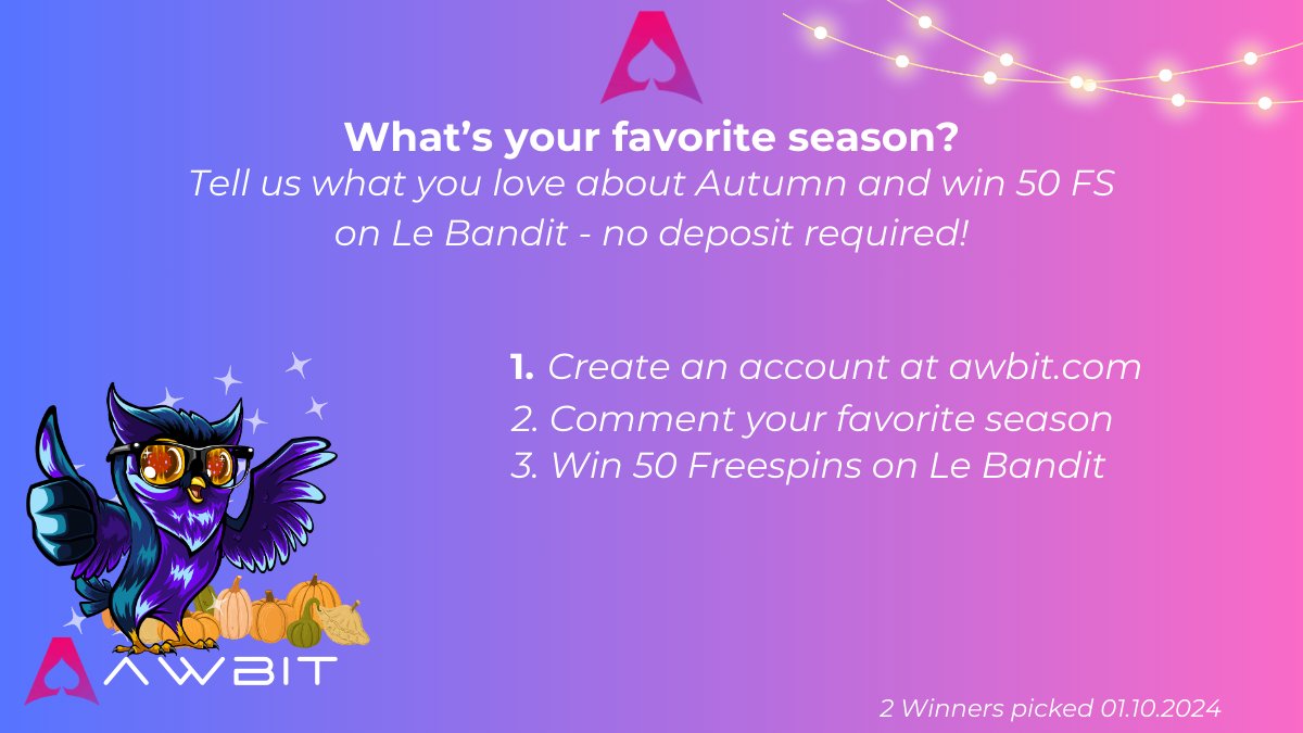 Awbitcom's tweet photo. Wow, Autumn already?! Our cute little Mascot doesn't mind and wants to celebrate its favorite season with you by giving away 50 FS to two lucky winners - no strings attached, no deposit needed!

All you need to do is create an account on https://t.co/PgUlvZlhwT, like and retweet this post + comment your favorite season and username! 

#Awbit #Crypto #Gambling