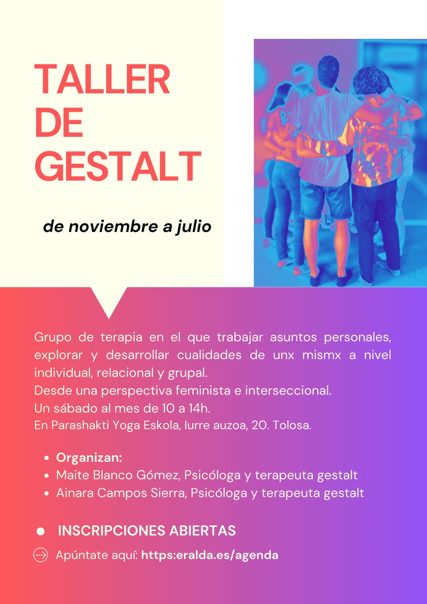 eraldagestalt's tweet photo. 📣📣Cambio de fechas y ampliación de inscripciones ✍🏻 de esta 6° edición de terapia gestalt, en Tolosa, Gipuzkoa. 
Un espacio terapéutico seguro en el que trabajarse de lo individual a lo grupal desde una perspectiva feminista e interseccional 💜
+ Info: https://t.co/bGyApEVKAf https://t.co/HhpcXJdPYP