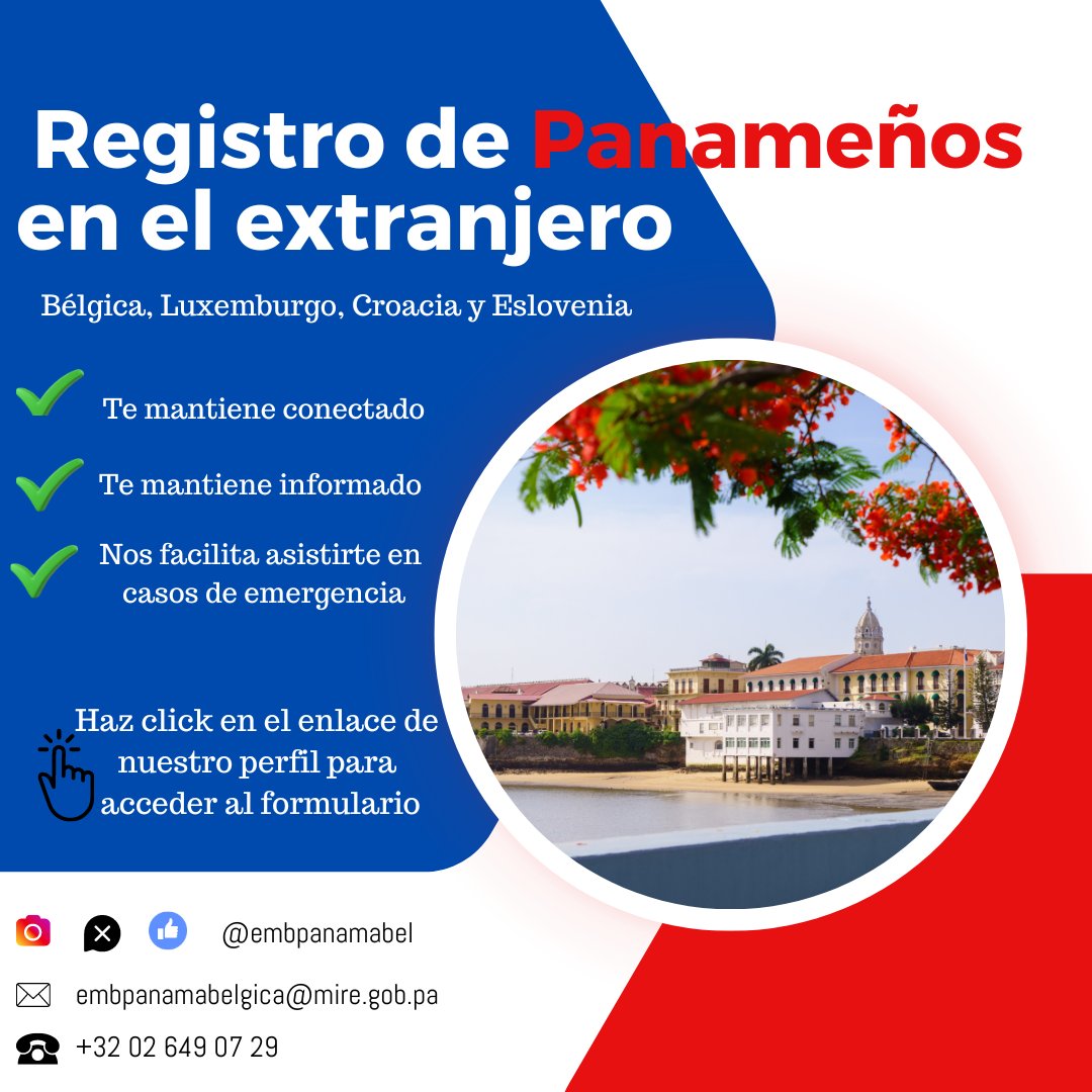 embpanamabel's tweet photo. 📢 ¡Atención panameños residentes en Bélgica, Luxemburgo, Croacia y Eslovenia!

Si eres ciudadano panameño residiendo en uno de estos países, te invitamos a registrarte o actualizar tus datos con la Embajada de Panamá en Bélgica: https://t.co/HeG8SwjG2p https://t.co/nDXmo2JrJo