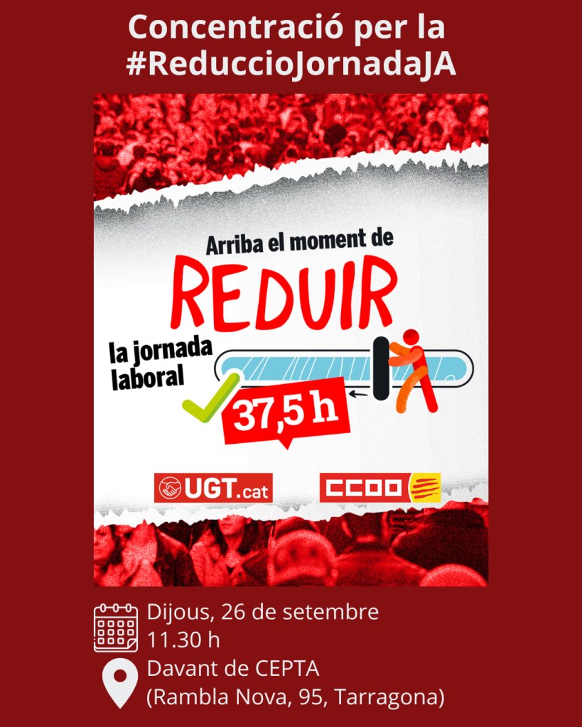 CCOOTarragona's tweet photo. ✊Sortim al carrer!
Demà a les 11:30h, us esperem a les concentracions que hem organitzat per la reducció de la jornada laboral davant de #CEPTA a Tarragona i Tortosa.
📌Tarragona, Rambla Nova, 95
📌Tortosa, Carrer de la Ciutadella, 13
#ReduccionJornadaYa #ReduccióJornadaJA https://t.co/13sC2qpK8V