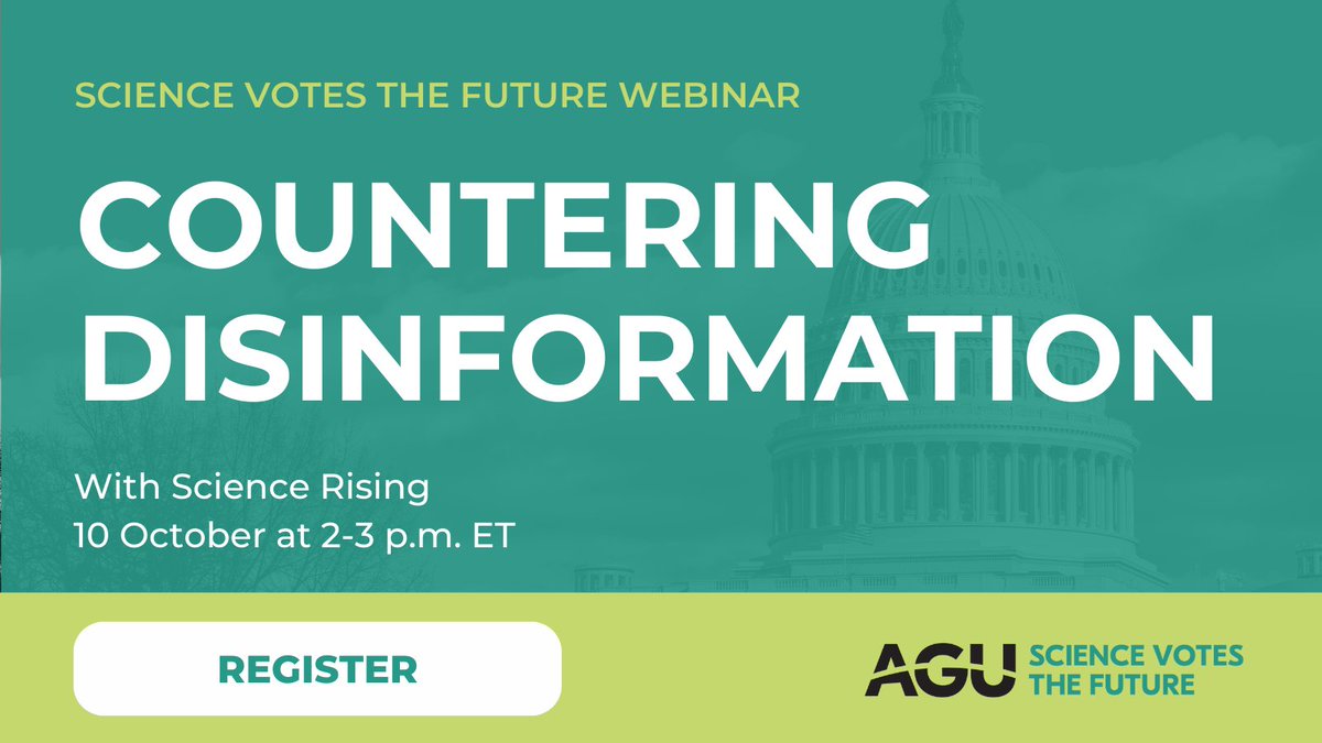 theAGU's tweet photo. ๐ Want to counter disinformation in the 2024 U.S. election?
Our webinar with Science Rising on 10 October will cover best practices and the role that scientists play in combating false narratives.
https://t.co/S5aqO7kscH #ScienceVotesTheFuture https://t.co/XvcxLP1q82