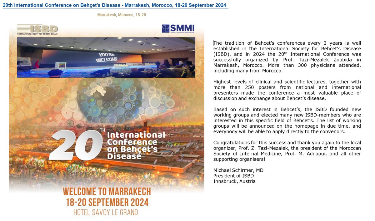 SocietyBehcet's tweet photo. The 20th international #conference on #Behçet's disease #ICBD in #Marrakech (https://t.co/jIcr2zq4IC) was a big #success with more than 300 participants! A word of thanks from the #president of the international society for #Behçet's Disease, #ISBD (https://t.co/71PQx6mkL1) https://t.co/FuYiLHgYSy