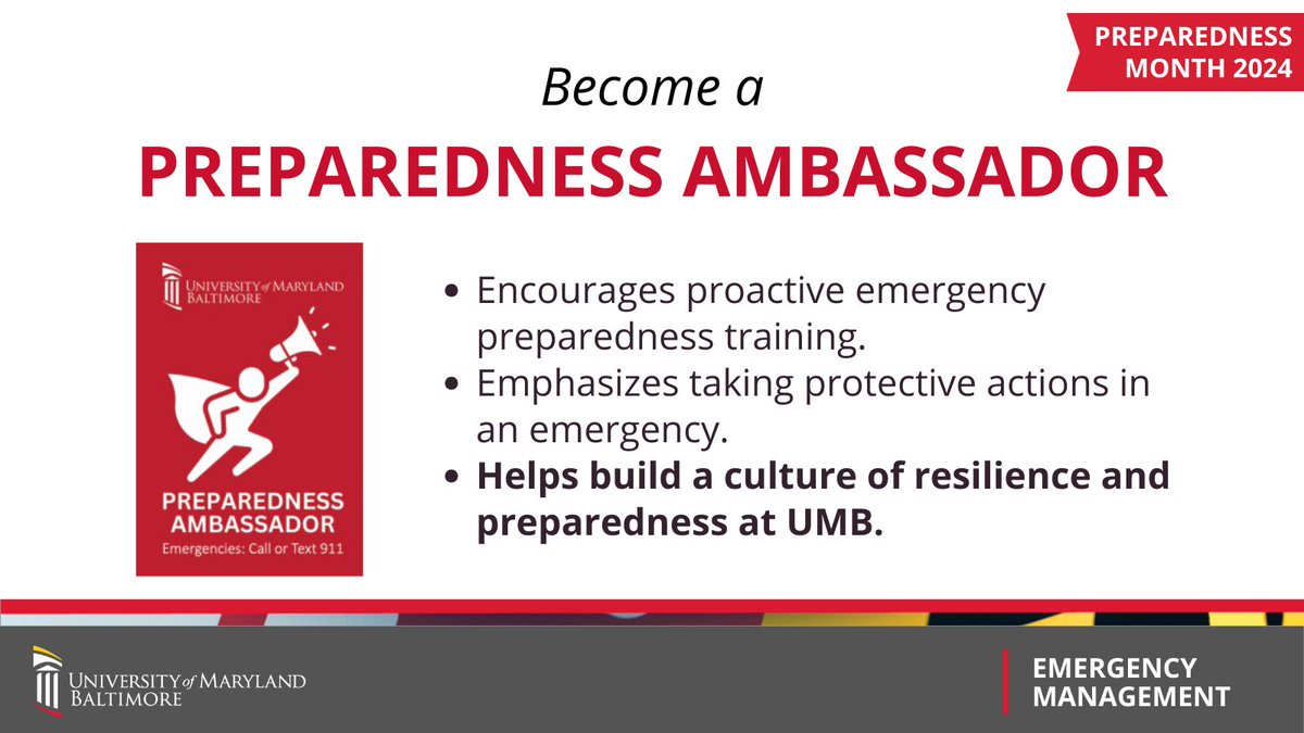 UMBOEM's tweet photo. Hey @mdsocialwork! Stop by our National Preparedness Table table in the lobby today (9/25) from 10 a.m. to 1 p.m. Pick up some giveaways and important emergency information, learn about our awesome Preparedness Ambassador program, ask questions, and more. See you there! https://t.co/PhVkTbbDeG