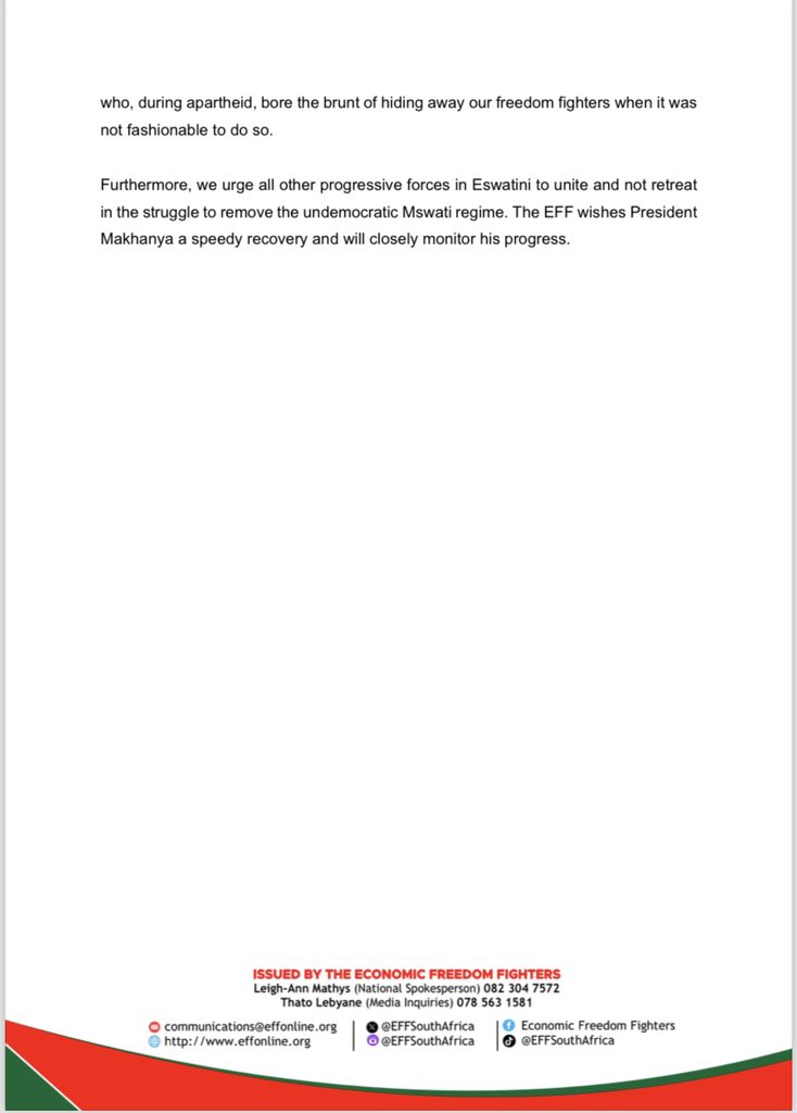 EFFSouthAfrica's tweet image. The EFF’s Statement on the Poisoning of PUDEMO President, Comrade Makhanya

-The South African government and the Department of International Relations must take immediate and decisive action to address the grave situation involving the poisoning of President Makhanya. It is…