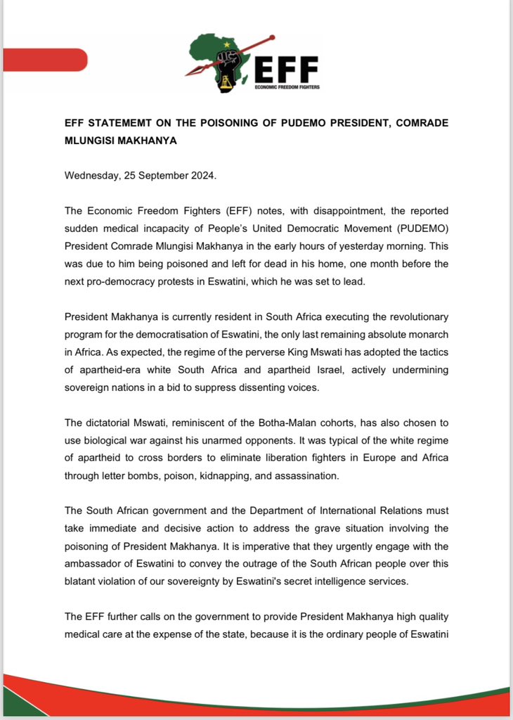 EFFSouthAfrica's tweet image. The EFF’s Statement on the Poisoning of PUDEMO President, Comrade Makhanya

-The South African government and the Department of International Relations must take immediate and decisive action to address the grave situation involving the poisoning of President Makhanya. It is…