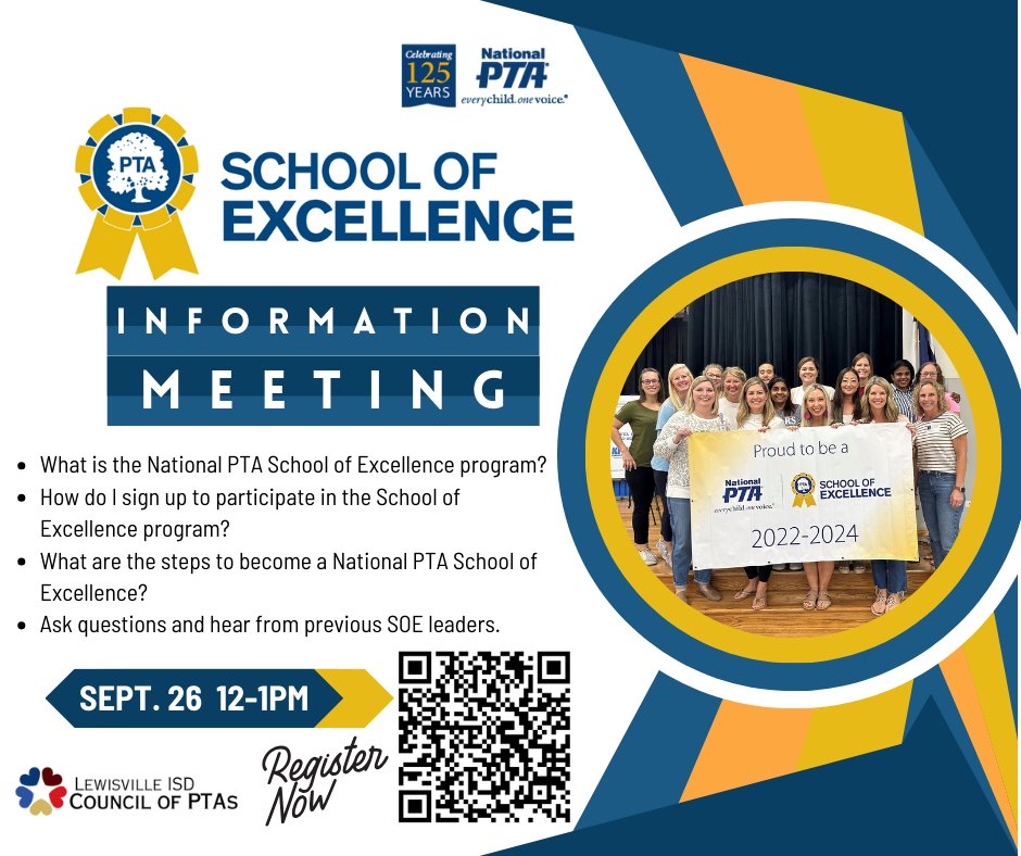 Join LISD Council of PTAs for an informational meeting about National PTA's School of Excellence program. 
Get the answers to these questions and more at our virtual information meeting on Thursday, September 26th 12pm-1pm
Register here:forms.gle/i4tTS1rkEK8PUH…