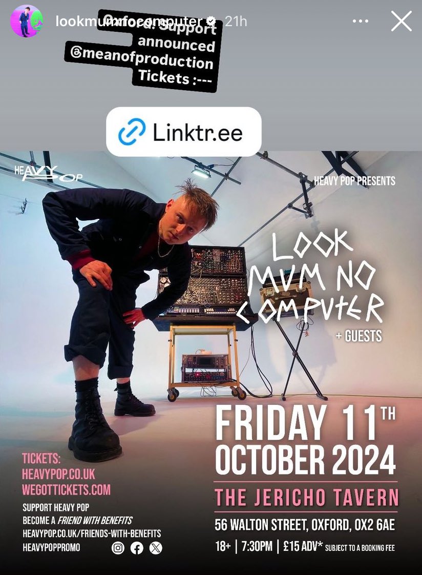 Means Of Production (mnsfprdctn on bsky) (@mnsfprdctn) on Twitter photo So this is the thing. The exciting thing. We are VERY VERY HAPPY to announce we will be supporting the amazing <a href="/LOOKMUMNOCMPUTR/">LOOK MUM NO COMPUTER</a> at the <a href="/HeavyPopPromo/">Heavy Pop</a> <a href="/Jericho_Tavern/">The Jericho Tavern</a> on 11th. So this is the thing. The exciting thing. We are VERY VERY HAPPY to announce we will be supporting the amazing <a href="/LOOKMUMNOCMPUTR/">LOOK MUM NO COMPUTER</a> at the <a href="/HeavyPopPromo/">Heavy Pop</a> <a href="/Jericho_Tavern/">The Jericho Tavern</a> on 11th.