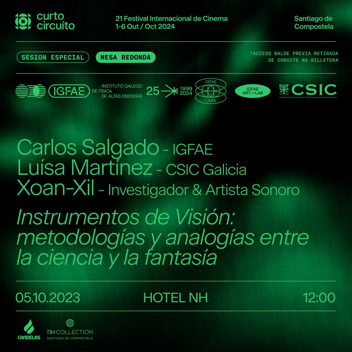 CURTOCIRCUÍTO (@fcurtocircuito) on Twitter photo 🐋 SESIÓNS ESPECIAIS 💦
Instrumentos de Visión: metodologías y analogías entre ciencia y fantasía
💬 Carlos Salgado, Director de @igfae_hep; Luísa Martínez, Resp. de Cultura Científica de <a href="/CSICGalicia/">CSIC Galicia</a> e @XoanXil Investigador & Artista Sonoro
📍5 OUT 12h | i.gal/sfNFo 🐋 SESIÓNS ESPECIAIS 💦
Instrumentos de Visión: metodologías y analogías entre ciencia y fantasía
💬 Carlos Salgado, Director de @igfae_hep; Luísa Martínez, Resp. de Cultura Científica de <a href="/CSICGalicia/">CSIC Galicia</a> e @XoanXil Investigador & Artista Sonoro
📍5 OUT 12h | i.gal/sfNFo