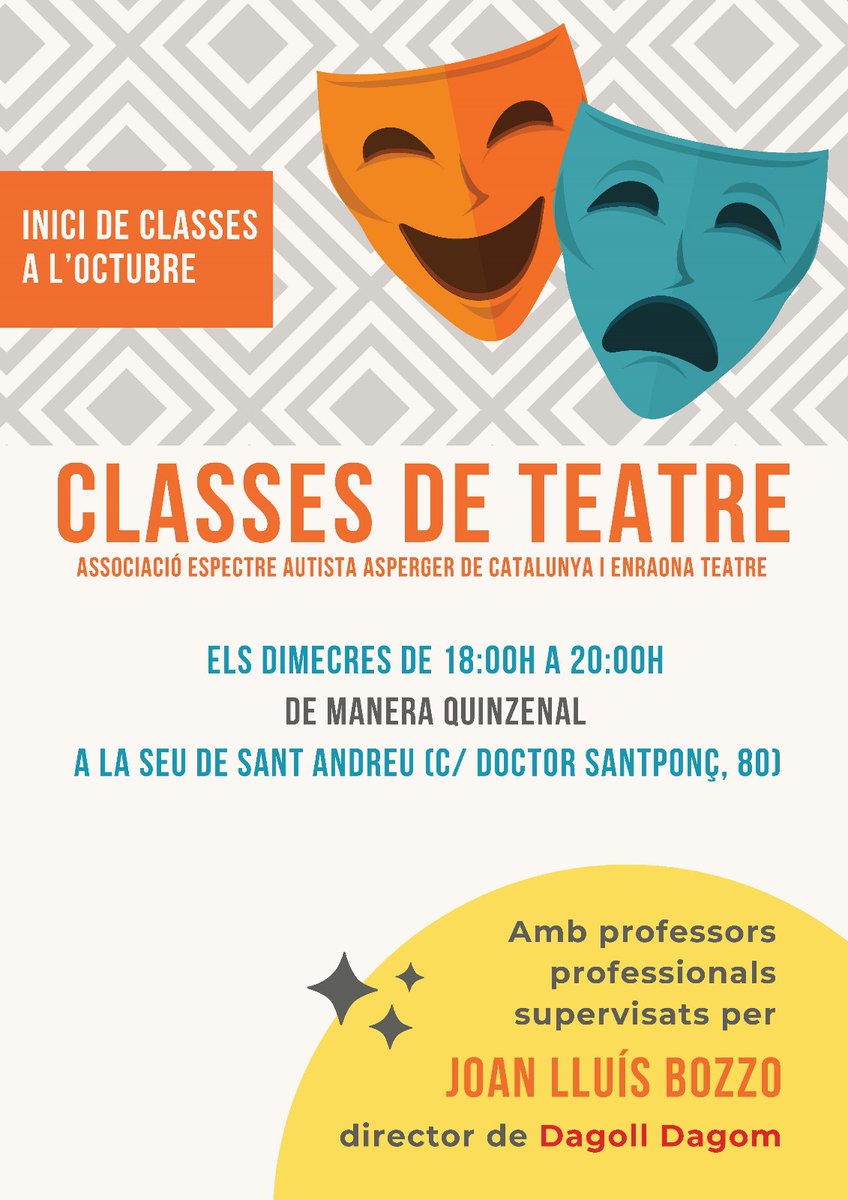 AEspecAutista's tweet photo. 😊 Nou projecte!!! 🎭 Clases de teatre per a persones dins l'espectre autista. 👉🏼 T'hi apuntes?

📩 Escriu-nos a lleure.educatiu@asperger.cat.

#Autisme #TEA #CEA #EspectreAutista #Neurodiversitat #Neurodivergència #SalutMental #Equilibri #Apoderament #Empoderament https://t.co/YOD0IlkrDs