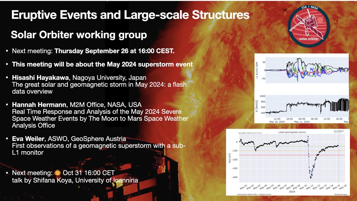chrisoutofspace's tweet image. In the @ESASolarOrbiter Eruptive Events working group, we have an online meeting tomorrow Thursday September 26 16:00 CEST, with 3 speakers on first analyses of the May 2024 super geomagnetic storm.
Sign up here - we have almost 400 members!
sites.google.com/view/solo-wg/w…