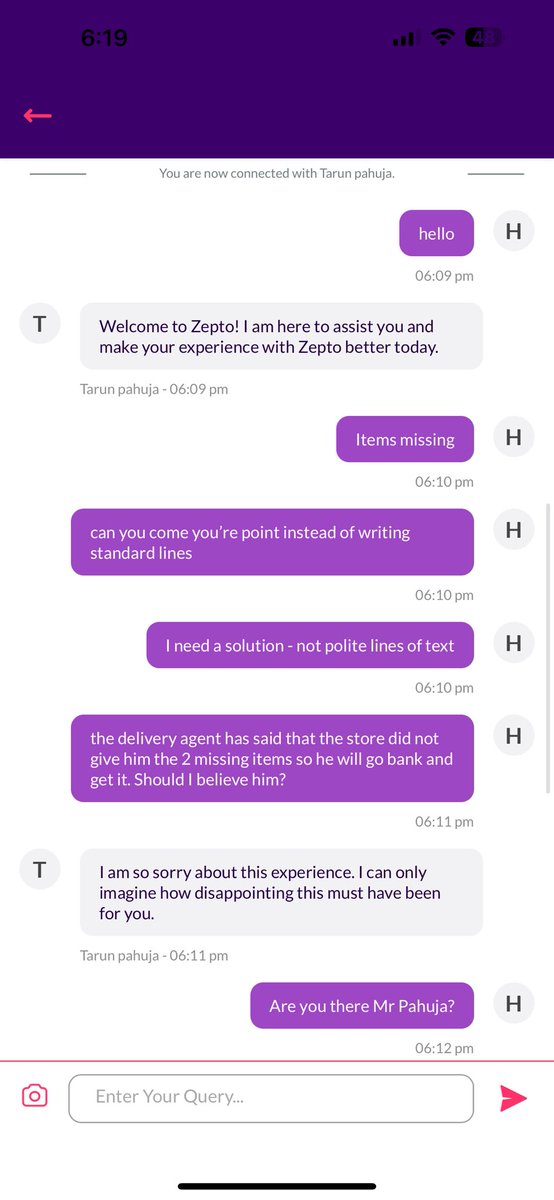 hemantkaul's tweet photo. Lousy customer service @ZeptoNow 
See screenshots of interaction with CC for missing items. Poor responses. Eventually I just gave up. Hopefully they will post the refund in my account. If not, it can go towards funding their already significant losses. 😂 #zepto #servicesucks https://t.co/UPUH9N6U9b