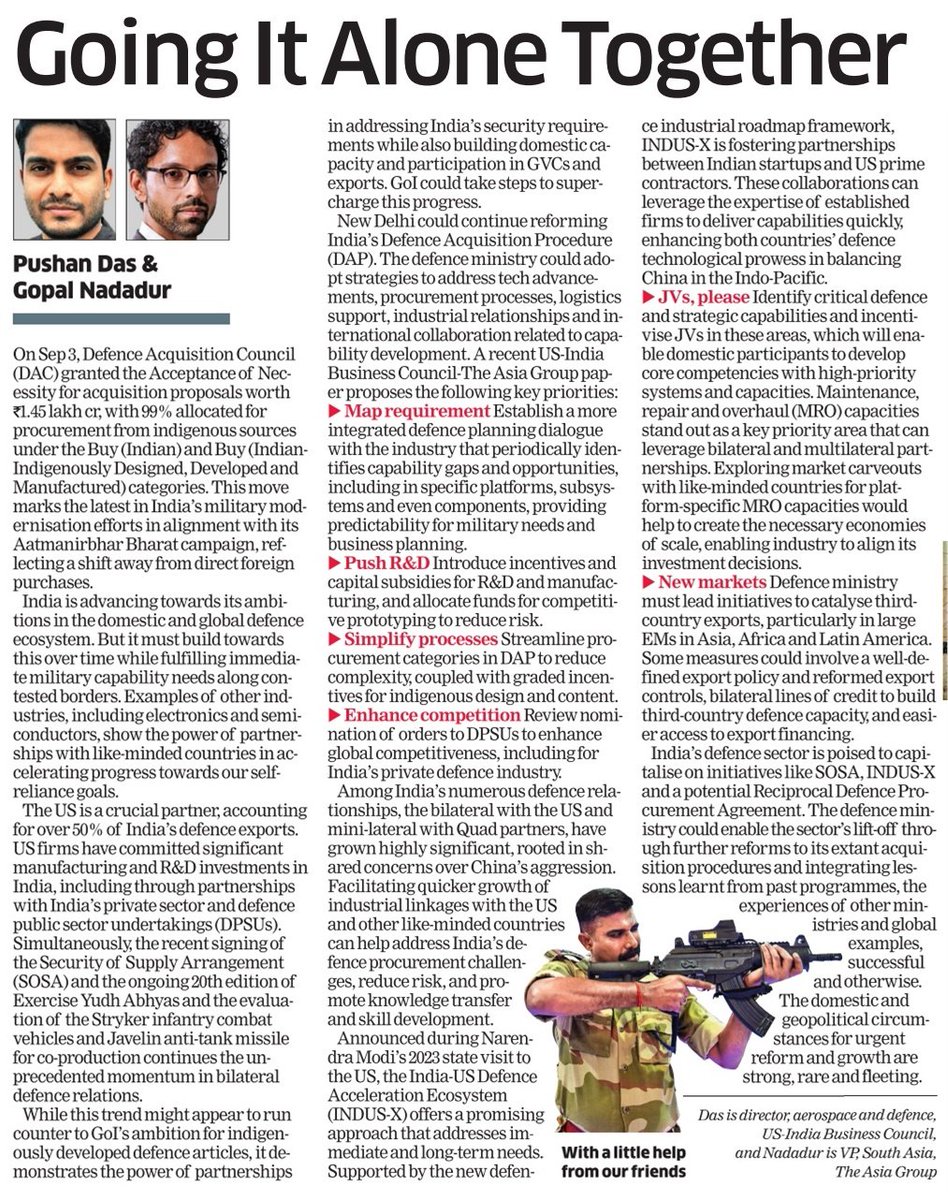 Pushan Das (@pushan3012) on Twitter photo "The domestic and geopolitical circumstances for urgent reform and growth are strong, rare and fleeting."
<a href="/GopalNadadur/">Gopal Nadadur</a> & I write on reforms to India's extant defence acquisition procedures in today's <a href="/EconomicTimes/">Economic Times</a>!
economictimes.indiatimes.com/opinion/et-com… "The domestic and geopolitical circumstances for urgent reform and growth are strong, rare and fleeting."
<a href="/GopalNadadur/">Gopal Nadadur</a> & I write on reforms to India's extant defence acquisition procedures in today's <a href="/EconomicTimes/">Economic Times</a>!
economictimes.indiatimes.com/opinion/et-com…