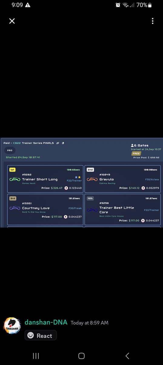 Finished 4th in the <a href="/DNARacing2023/">DNA Racing</a> trainer tournament and won $117!!! With a free bike running free races. If you're not playing you can't win. You're missing out, this is free money. Best p2e game in web3.