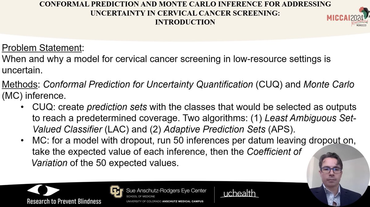 UNSURE workshop (@unsure_workshop) on Twitter photo #18: Conformal Prediction in cancer screening by Christopher Clark, <a href="/kalpathy1/">Jayashree Kalpathy</a>, et al. #MICCAI2024
Tl,Dr: It compares MC dropout and CP for uncertainty estimation in cervical cancer screening!
📜: openreview.net/forum?id=z9bJx…
📽️: youtu.be/FNzWcHmm_vw?fe… #18: Conformal Prediction in cancer screening by Christopher Clark, <a href="/kalpathy1/">Jayashree Kalpathy</a>, et al. #MICCAI2024
Tl,Dr: It compares MC dropout and CP for uncertainty estimation in cervical cancer screening!
📜: openreview.net/forum?id=z9bJx…
📽️: youtu.be/FNzWcHmm_vw?fe…