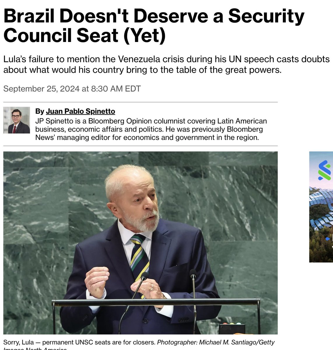 BrazilBrian's tweet photo. I love @JPSpinetto but disagree with his premise here. The notion a country "deserves" a perm Security Council seat b/c of one speech or even one president is everything that's wrong with UN. Brazil is a democracy, #6 country by size, steward of Amazon &amp; more. That shld be enough https://t.co/WZMAu9fghW