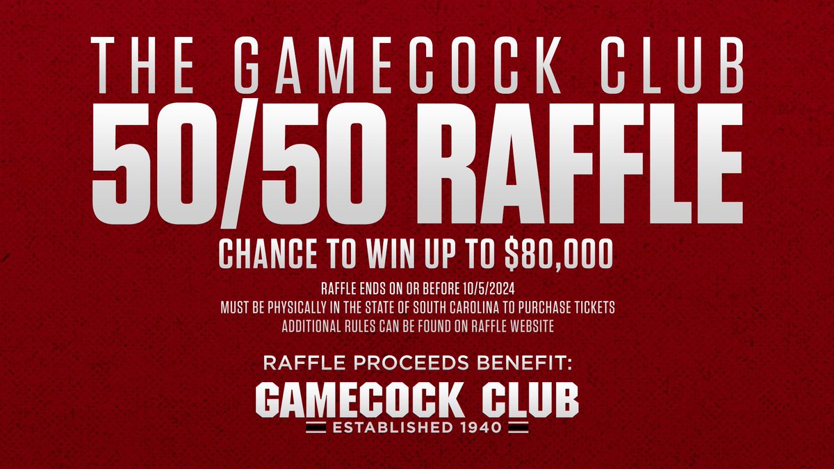 Tyler Pitzer (@tylerpitzer3) on Twitter photo Enter <a href="/TheGamecockClub/">The Gamecock Club</a> 50/50 Raffle today for the chance to win up to $80,000!
➡️ gamecockclub5050.us.bumpcbnraffle.com/?utm_source=so… Enter <a href="/TheGamecockClub/">The Gamecock Club</a> 50/50 Raffle today for the chance to win up to $80,000!
➡️ gamecockclub5050.us.bumpcbnraffle.com/?utm_source=so…