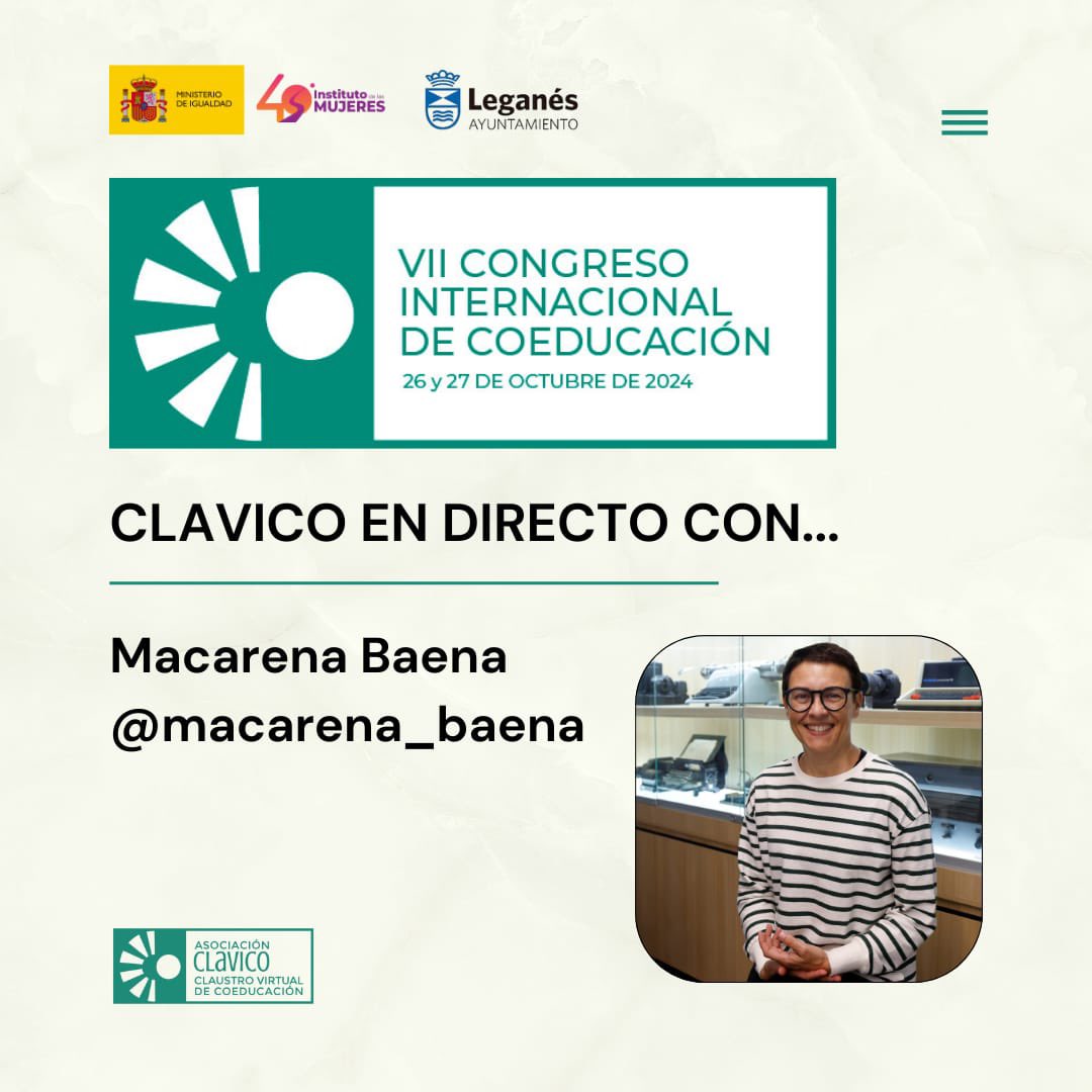 📣 Esta tarde, a partir de las 19:00h, estaremos en directo en el Instagram de clavico con <a href="/macarena_baena/">Macarena Baena Garrido</a> , otra de las grandes ponentes del próximo VII congreso CLAVICO.

No te lo pierdas!

<a href="/InstMujeres/">Instituto de las Mujeres</a> <a href="/Didymyself/">Diana Cabello</a> <a href="/MercedesULEG/">Mercedes Neria</a> <a href="/marecuencopp/">Miguel Ángel Recuenco 🇪🇦</a> <a href="/efeminista_efe/">Efeminista</a>
