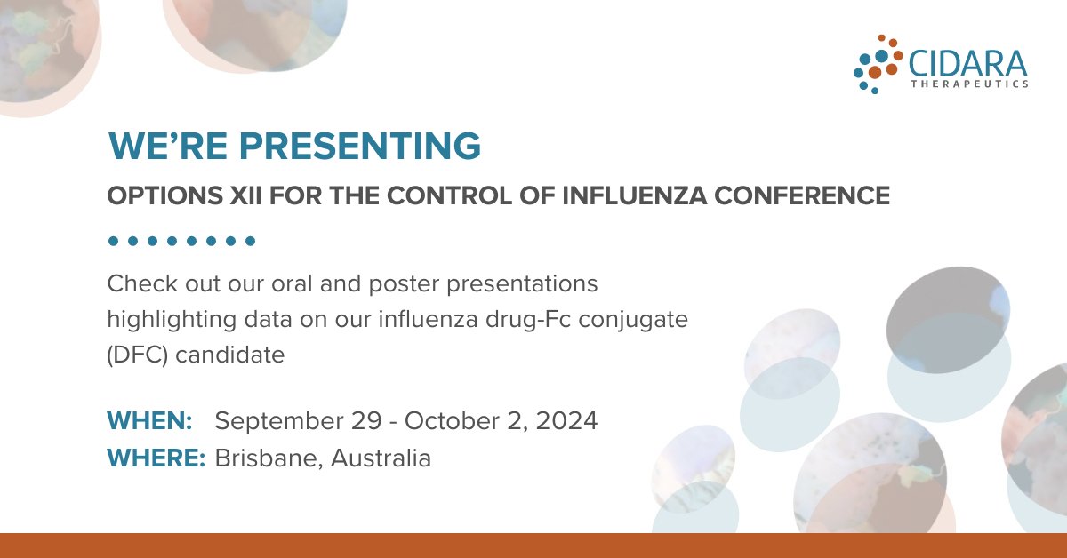 Today we announced two presentations highlighting data on our #influenza drug-Fc conjugate (DFC) candidate at the 2024 OPTIONS XII conference in Brisbane, Australia. Read here for more information on our oral and poster presentations: cidara.com/news/cidara-th…