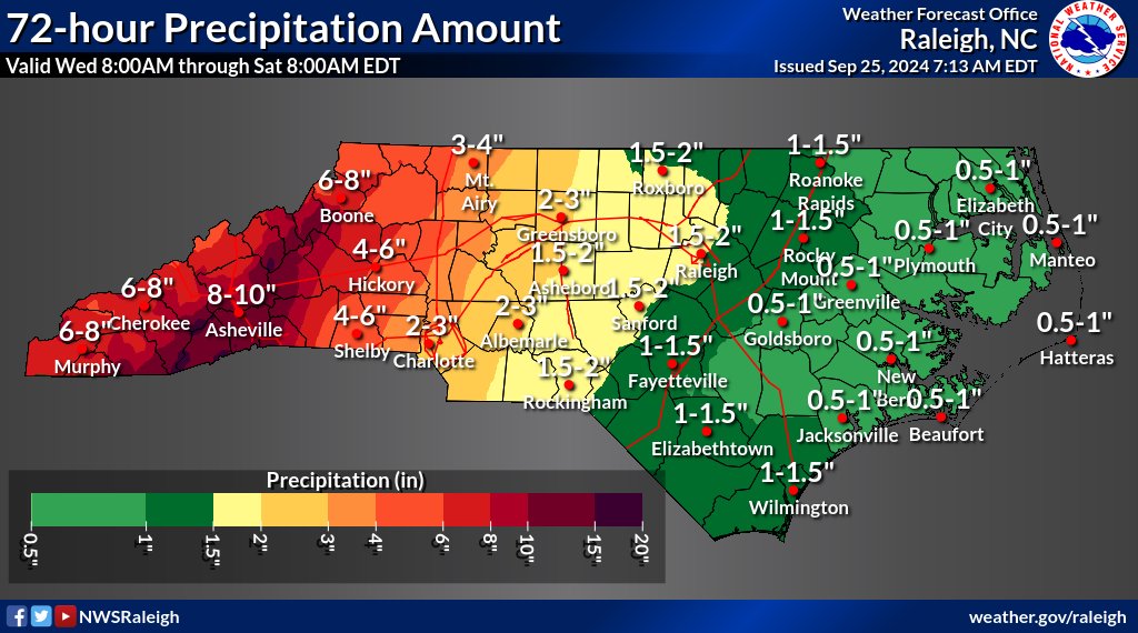 GStephenson_Wx's tweet photo. Get ready mountains and foothills... Significant flooding is possible with Helene expected to impact the area at the end of the week. The highest total on this map is ten inches. However, localized heavier amounts are certainly possible. #SpectrumNews1 #ncwx #TSHelene https://t.co/3Y7Afp3q3A