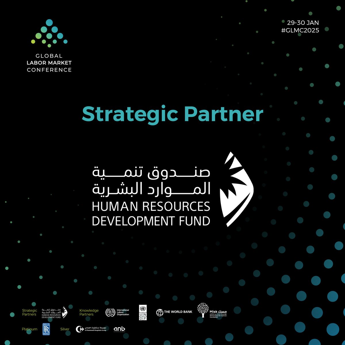 Global_LMC's tweet photo. We are proud to welcome the Human Resources Development Fund as a Strategic Partner for the 2nd Edition of the Global Labor Market Conference. As a key governmental authority under the Saudi Ministry of Human Resources and Social Development, @HRDFKSA plays a vital role in empowering the Saudi labor market and advancing job localization in the private sector.  

#GLMC #GLMC2025 #FutureInProgress
