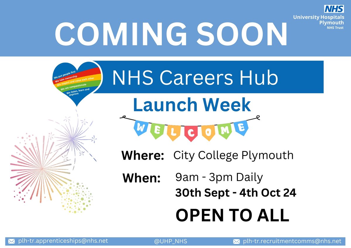 UHP Derriford Recruitment (@derrifordjobs) on Twitter photo Drum roll please... 🥁
We are announcing the re-launch of the NHS Careers Hub taking place with a hive of activity next week!
Want to know more? Pop us a DM, or see more information below!
<a href="/UHP_NHS/">University Hospitals Plymouth NHS Trust</a> <a href="/UHP_Apprentices/">University Hospitals Plymouth Apprenticeships</a> @cityplym <a href="/DerrifordNurses/">UHP Nursing 💙</a> Drum roll please... 🥁
We are announcing the re-launch of the NHS Careers Hub taking place with a hive of activity next week!
Want to know more? Pop us a DM, or see more information below!
<a href="/UHP_NHS/">University Hospitals Plymouth NHS Trust</a> <a href="/UHP_Apprentices/">University Hospitals Plymouth Apprenticeships</a> @cityplym <a href="/DerrifordNurses/">UHP Nursing 💙</a>