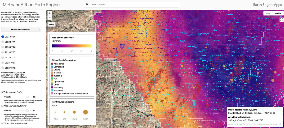 MethaneSAT (@methanesat) on Twitter photo Data update: We have added oil and gas infrastructure data to our methane map on <a href="/googleearth/">Google Earth</a> engine🗺️
You can filter the O&G facilities by category and status, while overlaying it with emissions data from our MethaneAIR campaign 🔎
Check it out here: showcase.earthengine.app/view/methanesat Data update: We have added oil and gas infrastructure data to our methane map on <a href="/googleearth/">Google Earth</a> engine🗺️
You can filter the O&G facilities by category and status, while overlaying it with emissions data from our MethaneAIR campaign 🔎
Check it out here: showcase.earthengine.app/view/methanesat