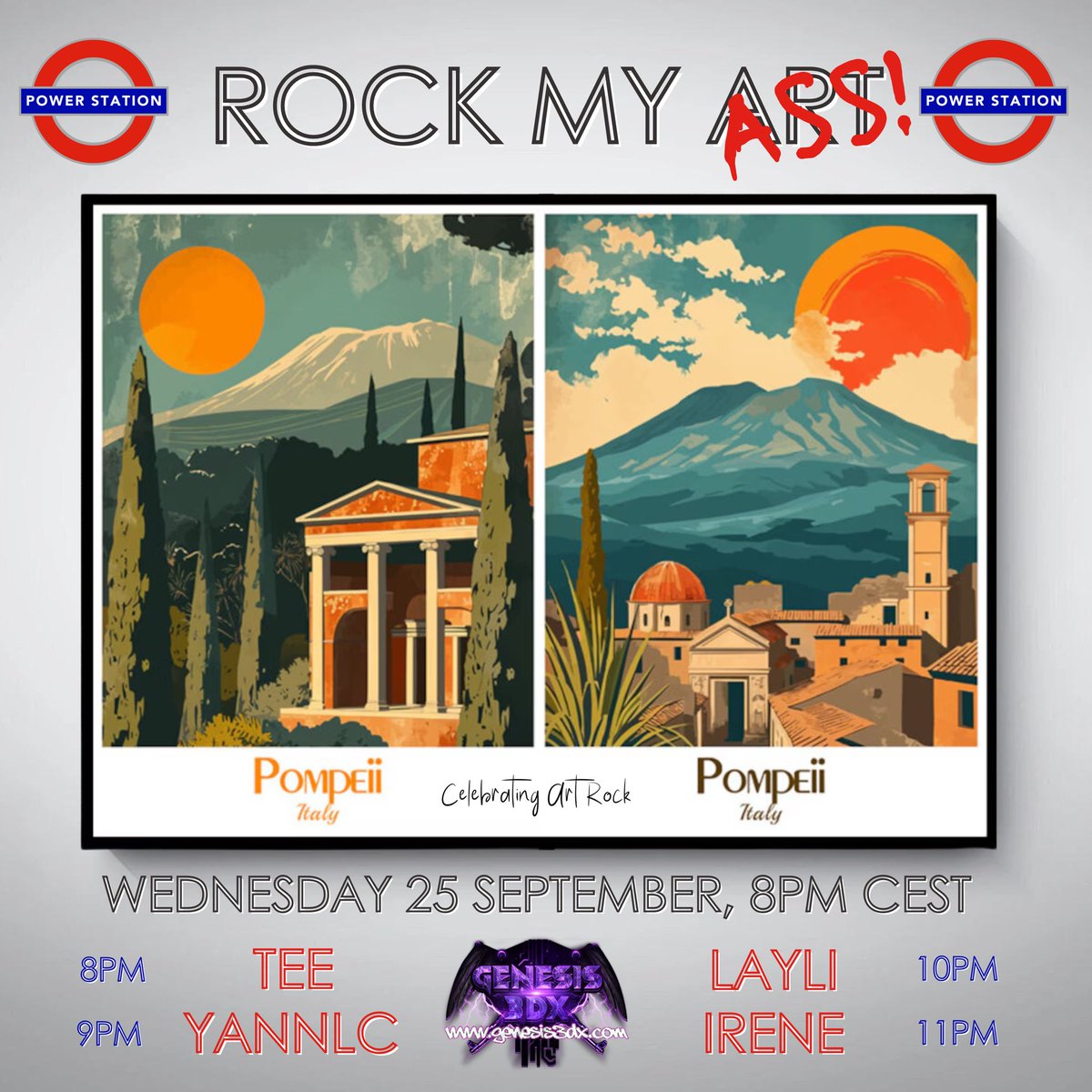 powerstation3dx's tweet photo. 🎸🎨 Get ready to rock! Join us tonight for ‘Rock My Art’ featuring 4 incredible DJs: DeeJay Tee, Yann, Layli, and Irene Jensen. Enjoy 4 hours of the best Art Rock music. Doors open at 8pm CEST. Don’t miss out! #RockMyArt #ArtRock #3dxChat https://t.co/6vatiSVxz4