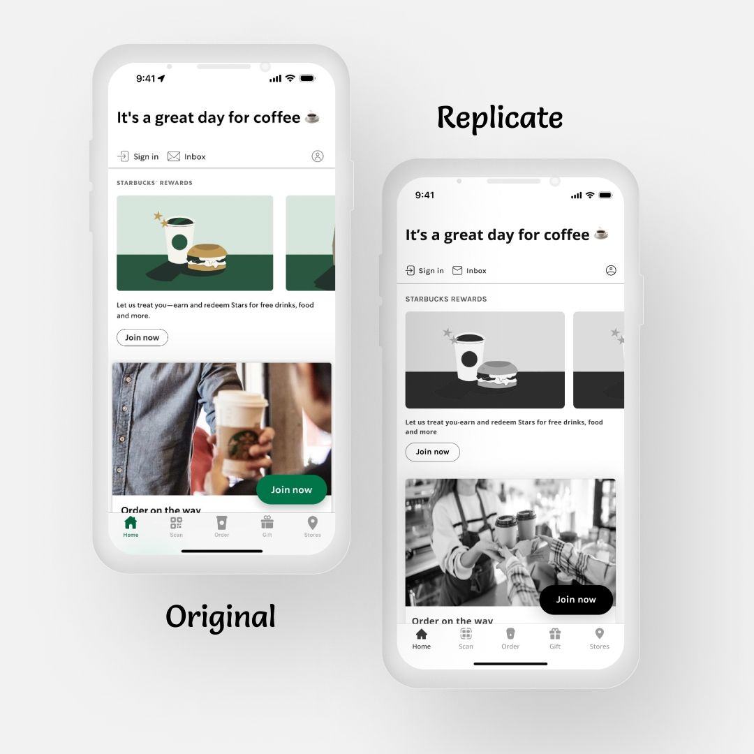 Excelia_design's tweet image. My Day 5 of @DezinDesign's #30dayMobbinDesignChallenge😁
The task was to replicate this Starbuck's screen in white, black and gray spectrum.
Here's my design, how did I do?
#designChallenge #MobileDesign #uiux