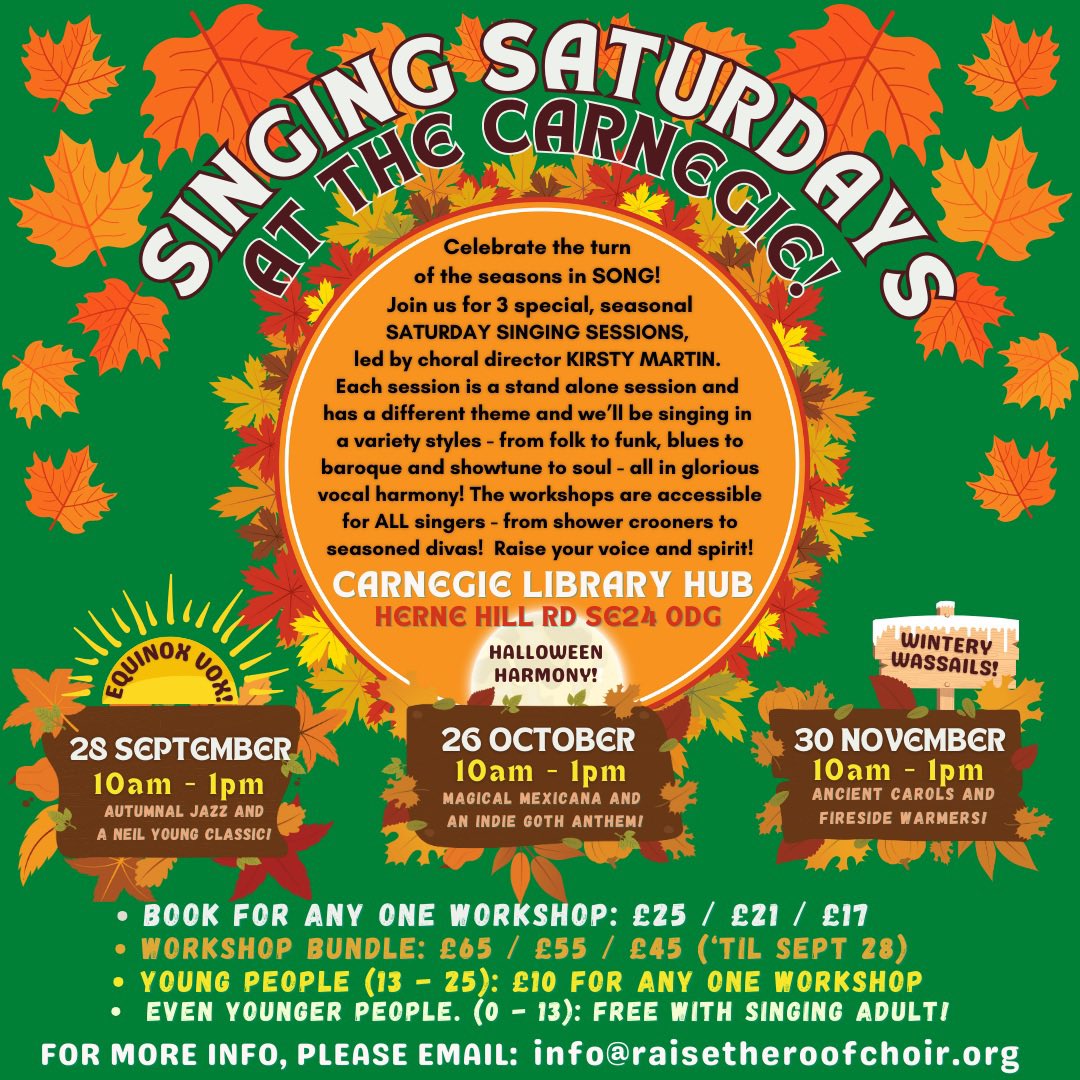 Come join our first Saturday Singing Session of the term led by one of our fabulous music directors this weekend! From 10am - 1pm on Saturday 28th Sept, expect singing, snacks and lots of fun!!