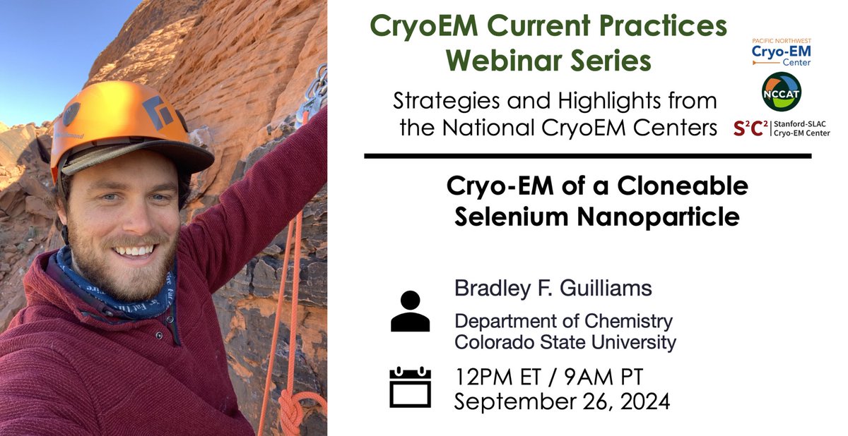 The next #CryoEM Current Practices Webinar speaker will be Bradley Guilliams from Colorado State University on "Cryo-EM of a Cloneable Selenium Nanoparticle" tomorrow 9/26/2024 at 12 PM ET / 9AM PT.

Registration is at no-cost, but sign-up is required:

us02web.zoom.us/webinar/regist…